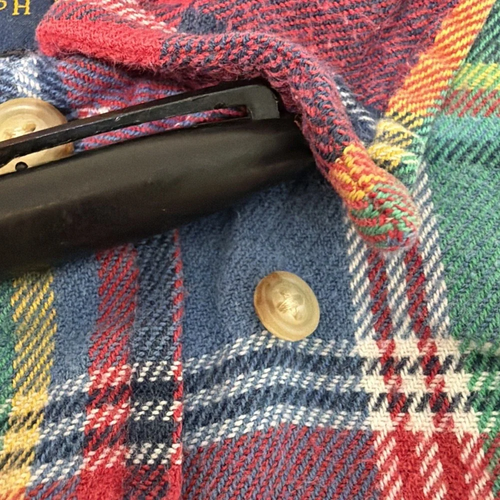 Polo Ralph Lauren L Plaid Flannel Shirt Elbow Patch Button Front Long Sleeve